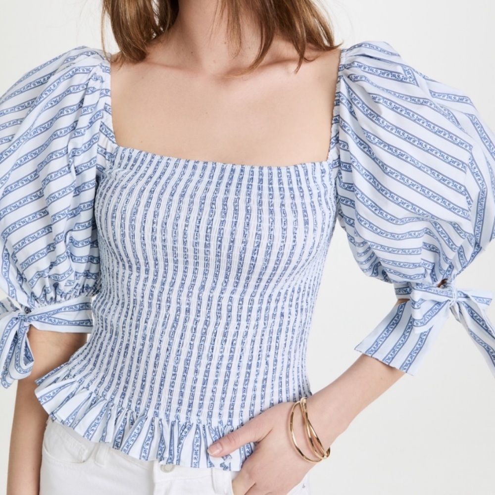 NWT Caroline Constas Nora Top blue stripe puff statement sleeve size M